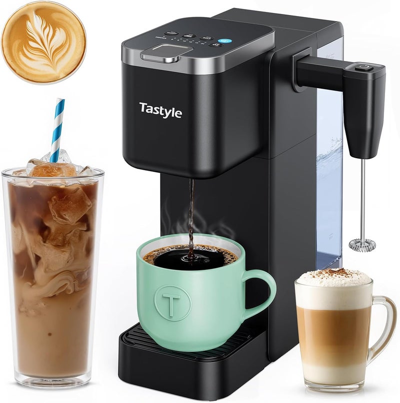Tastyle Single Serve Coffee Maker with Built-in Detachable Milk Frother, Iced and Hot Coffee Machine for K Cup & Grounds, 40oz Removable Water Reservoir, 6 Cup Sizes, Fits 7.3" Travel Mug, Black - Image 1